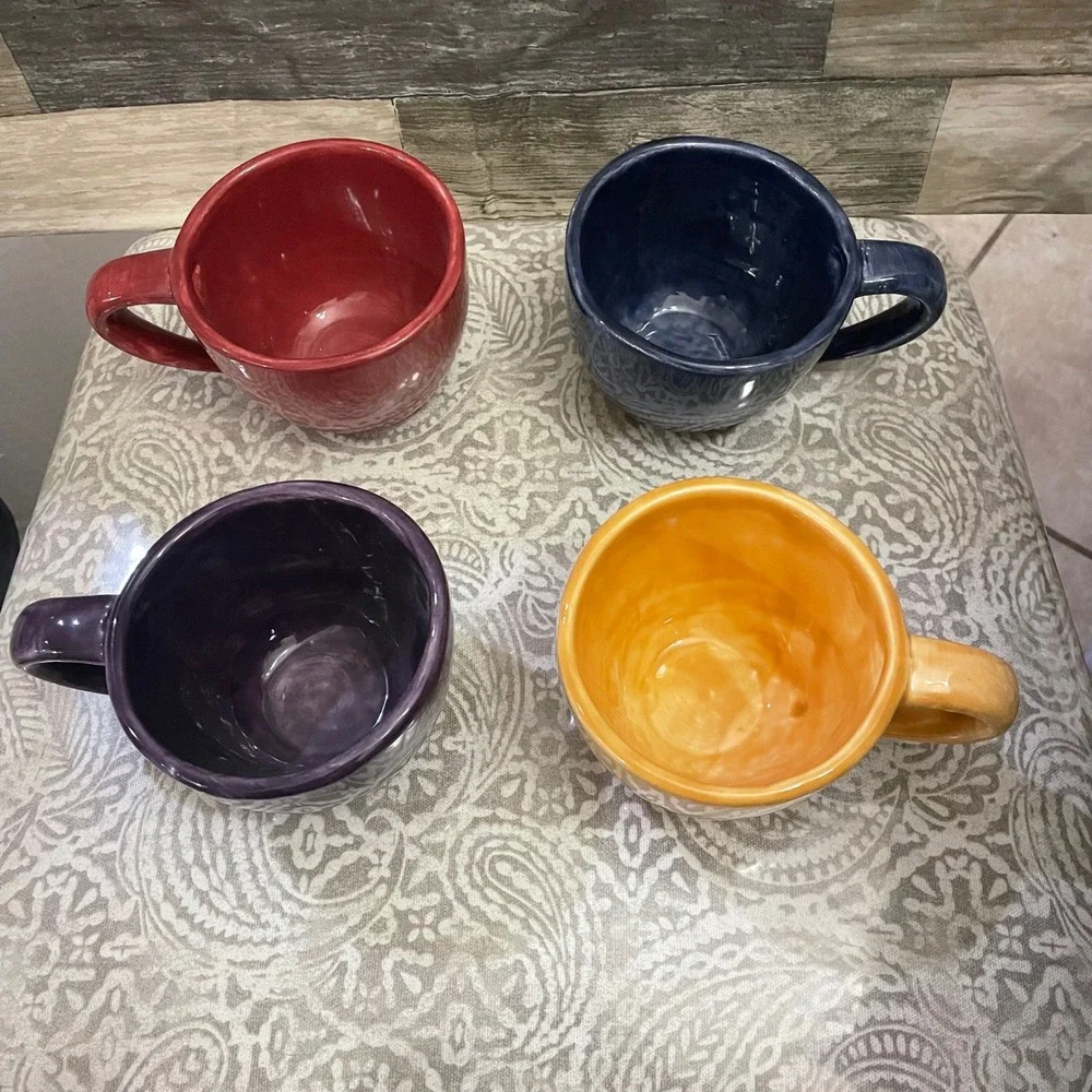 Pottery Barn Sausalito Mugs Set 4 Multi Color Red Blue Purple Yellow Stoneware
